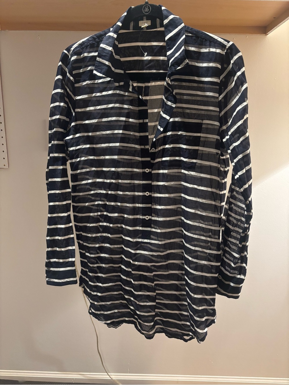 Women’s J Crew Navy and White Striped Long-Sleeve Sheer Tunic - 100% Cotton - M